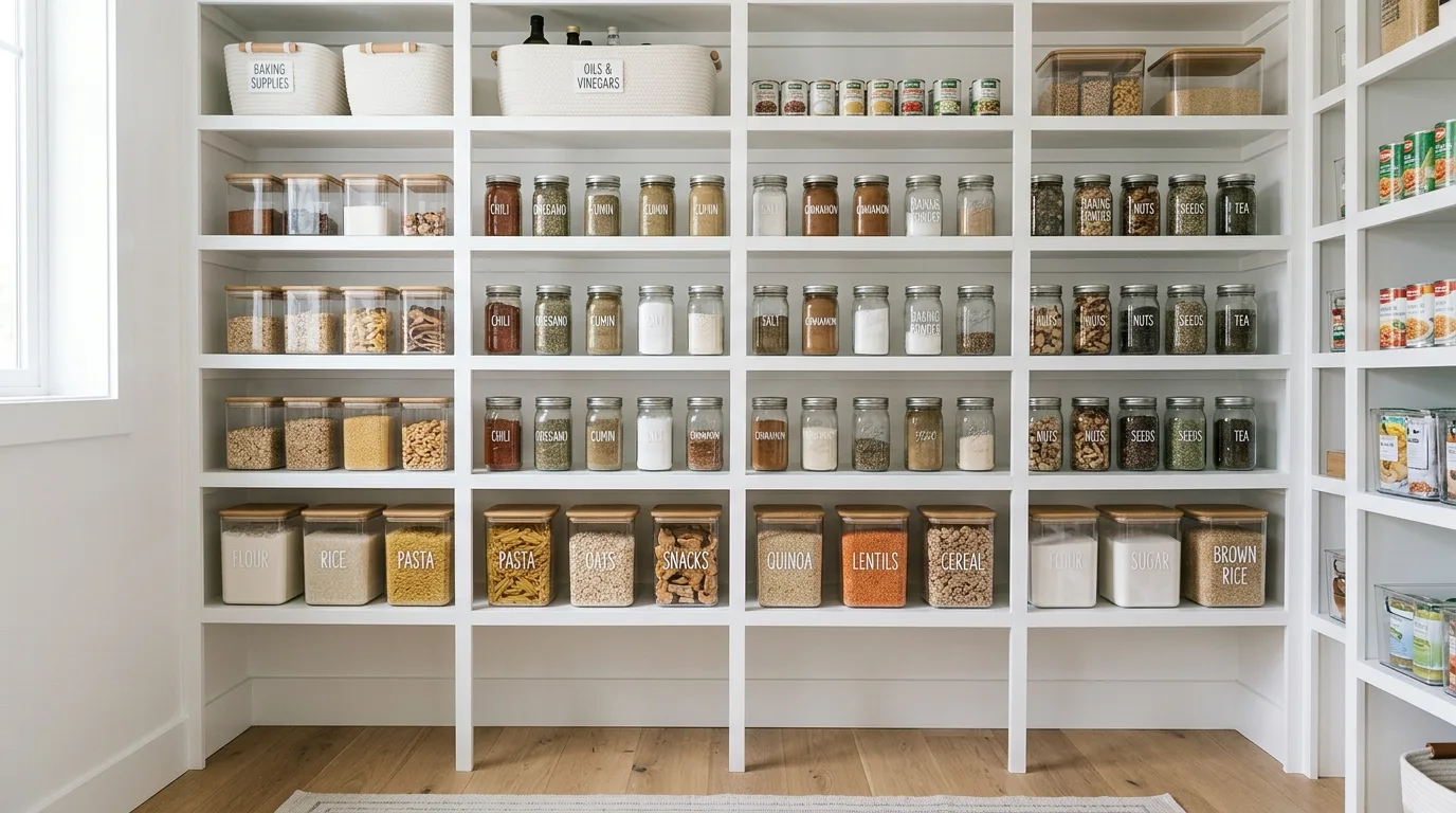 Use bins for smaller loose categories inspiration for an organized pantry.